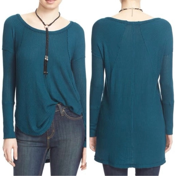 Free People Drippy Ventura Teal Green Long Sleeve Scoop Neck Waffle Henley Tunic - Picture 2 of 7
